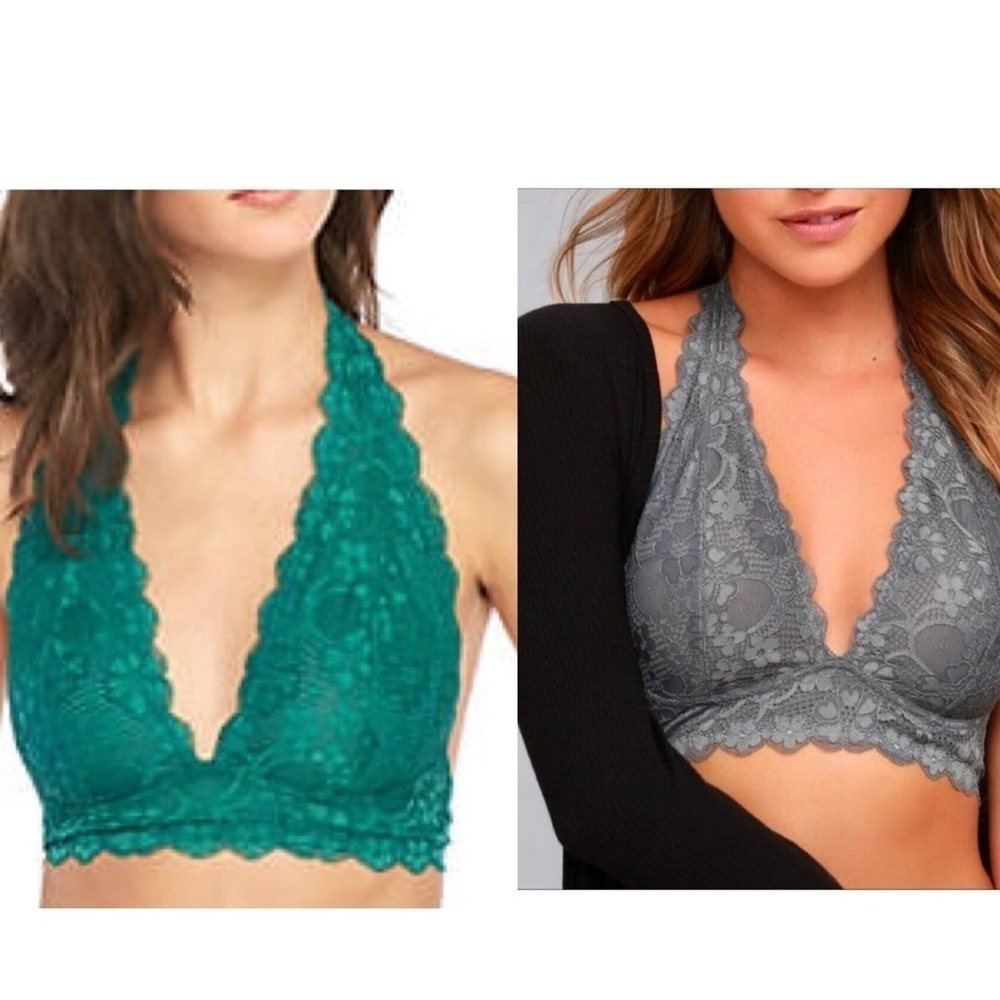 Free People tropical green and gray lace bundle of 2 bralettes sizes  Small